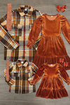 Family Rust Velvet Dress & Flannel Button Down Top