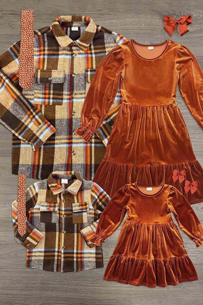 Family Rust Velvet Dress & Flannel Button Down Top