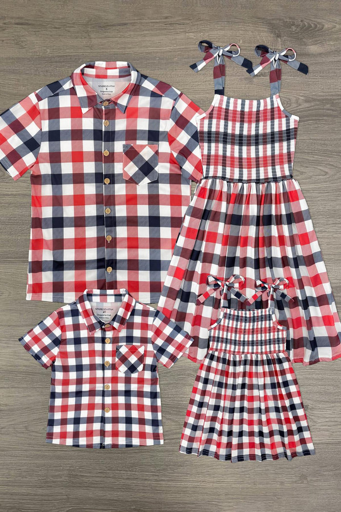Red, White & Blue Plaid Family Set - GIRL-6-12 Months-FAMILY - Red, white, and blue plaid short-sleeve button-up shirt with matching sleeveless plaid dresses for girls with tie straps and .