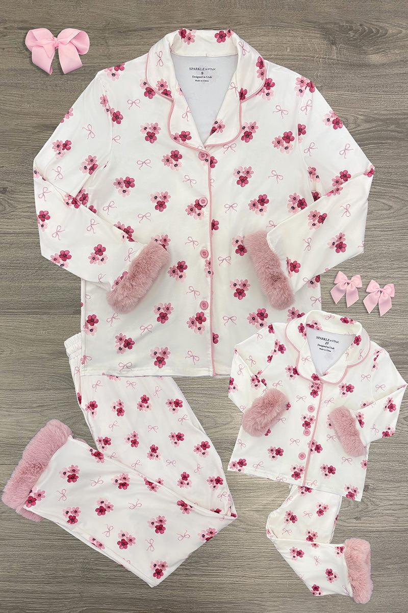 Mom & Me - Fuzzy Flower & Bow Pajamas - CHILD-6-12 Months - Cream fuzzy pajamas set with pink floral print, pink fuzzy cuffs, and matching bows for mom and child.