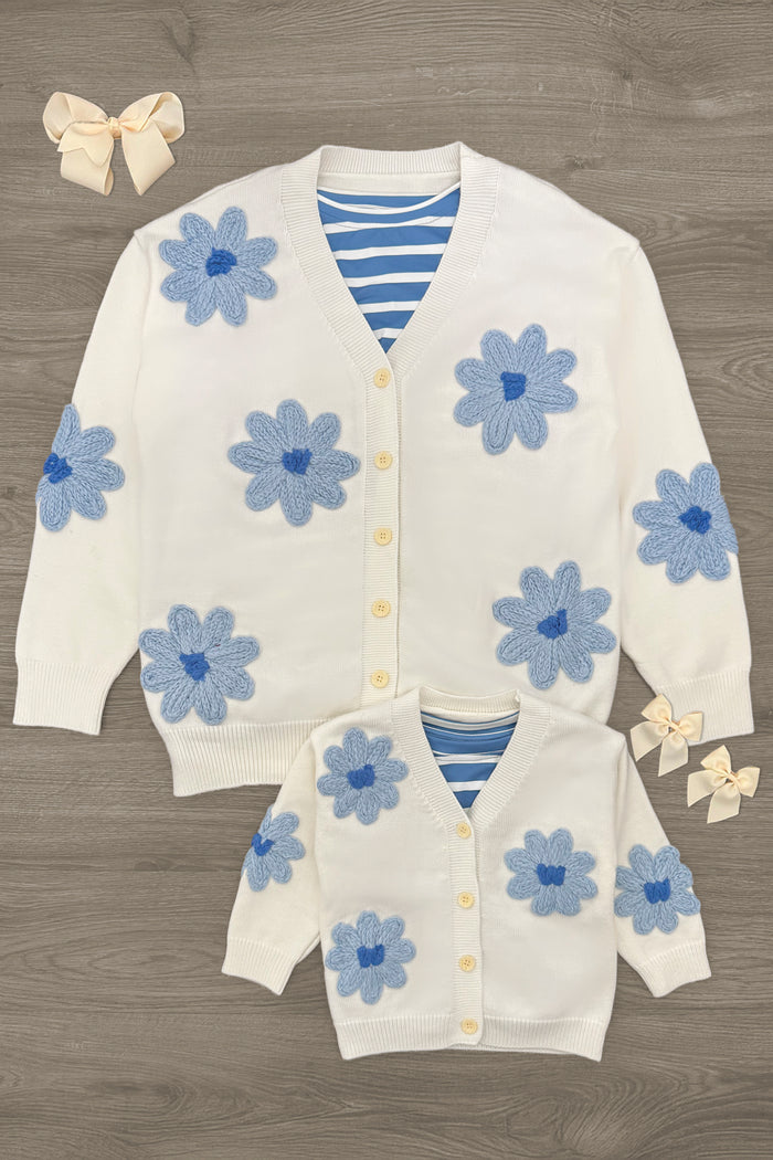 Mom & Me - Blue Flower Sweater Set - CHILD-3XS-6-12 Months - White cardigan sweaters with large blue flower appliqués, paired with blue and white striped shirts underneath, shown in.