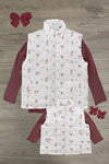 Mom & Me - White Mauve Floral Vest Set - CHILD-6-12 Months - White quilted vest with mauve floral print layered over mauve long-sleeve shirts, adult and child sizes, matching hair bows.