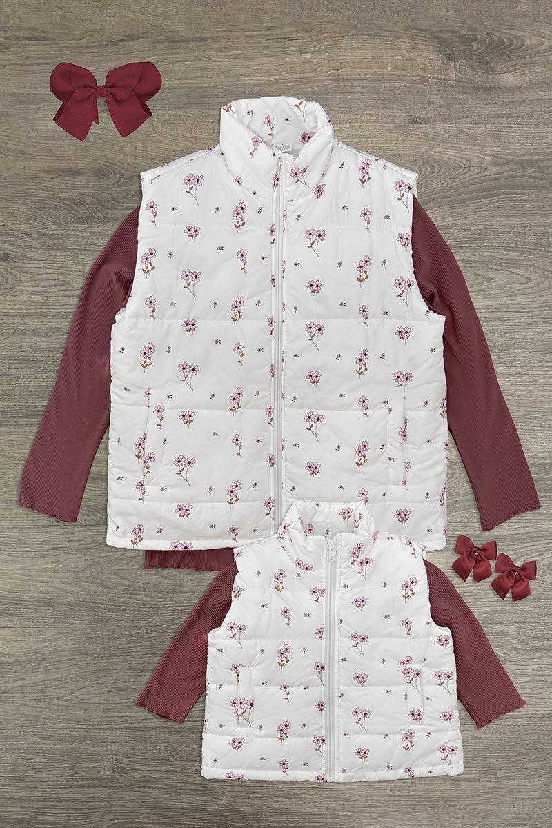 Mom & Me - White Mauve Floral Vest Set - CHILD-6-12 Months - White quilted vest with mauve floral print layered over mauve long-sleeve shirts, adult and child sizes, matching hair bows.