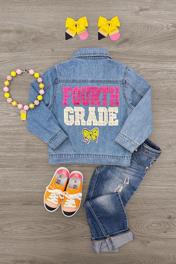 "Preschool - Sixth Grade" Denim Jacket - PRESCHOOL / 3T - Light blue denim jacket with "Fourth Grade" in pink letters and a yellow butterfly on the back.