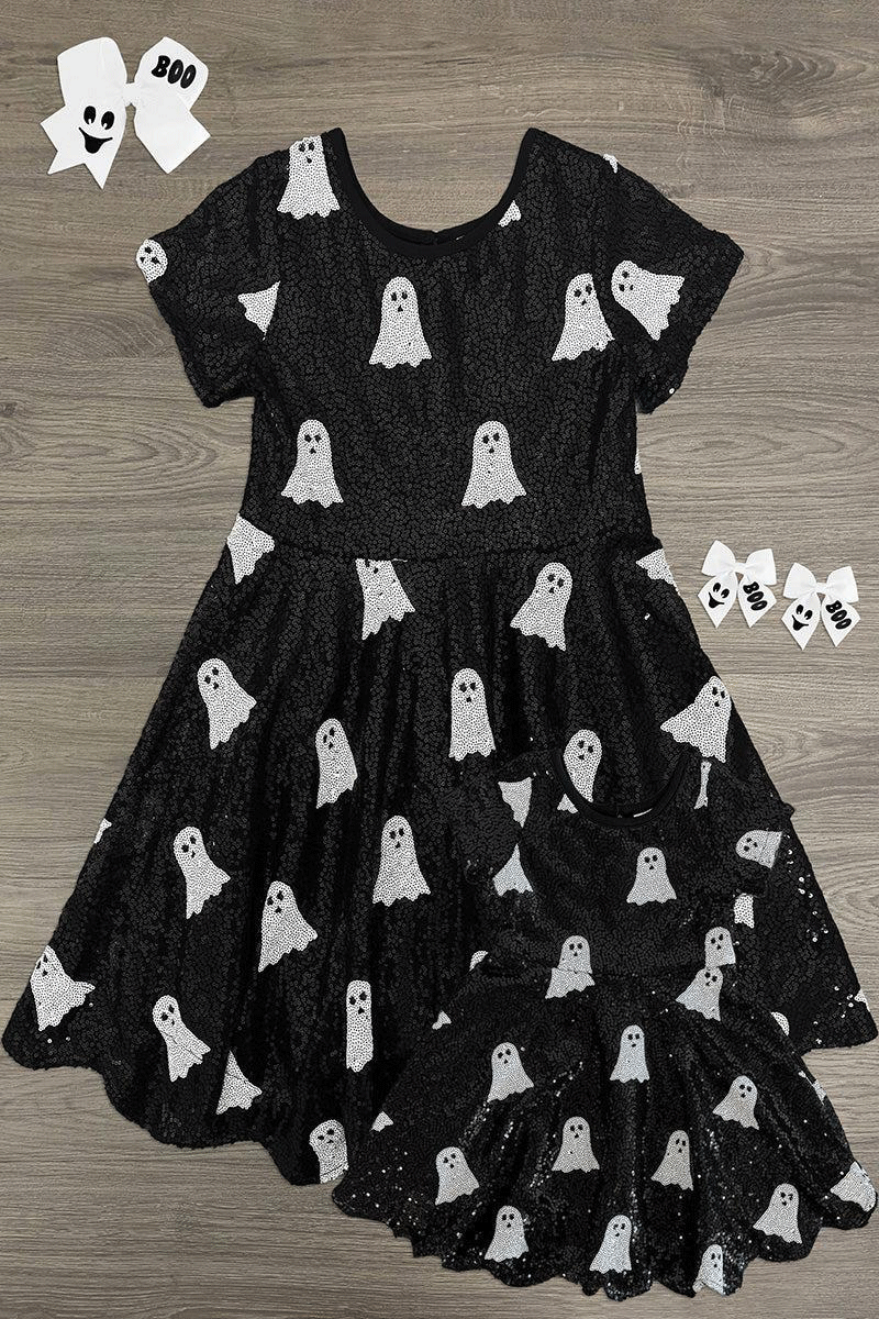 Mom & Me - Black Sequin Ghost Dress - BABY-6-12 Months - Black short-sleeve dress with white sequin ghost pattern, fitted bodice, and flared skirt.