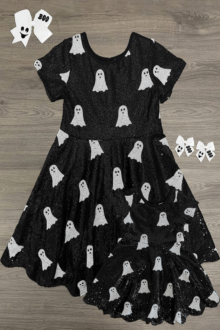 Mom & Me - Black Sequin Ghost Dress - BABY-6-12 Months - Black short-sleeve dress with white sequin ghost pattern, fitted bodice, and flared skirt.