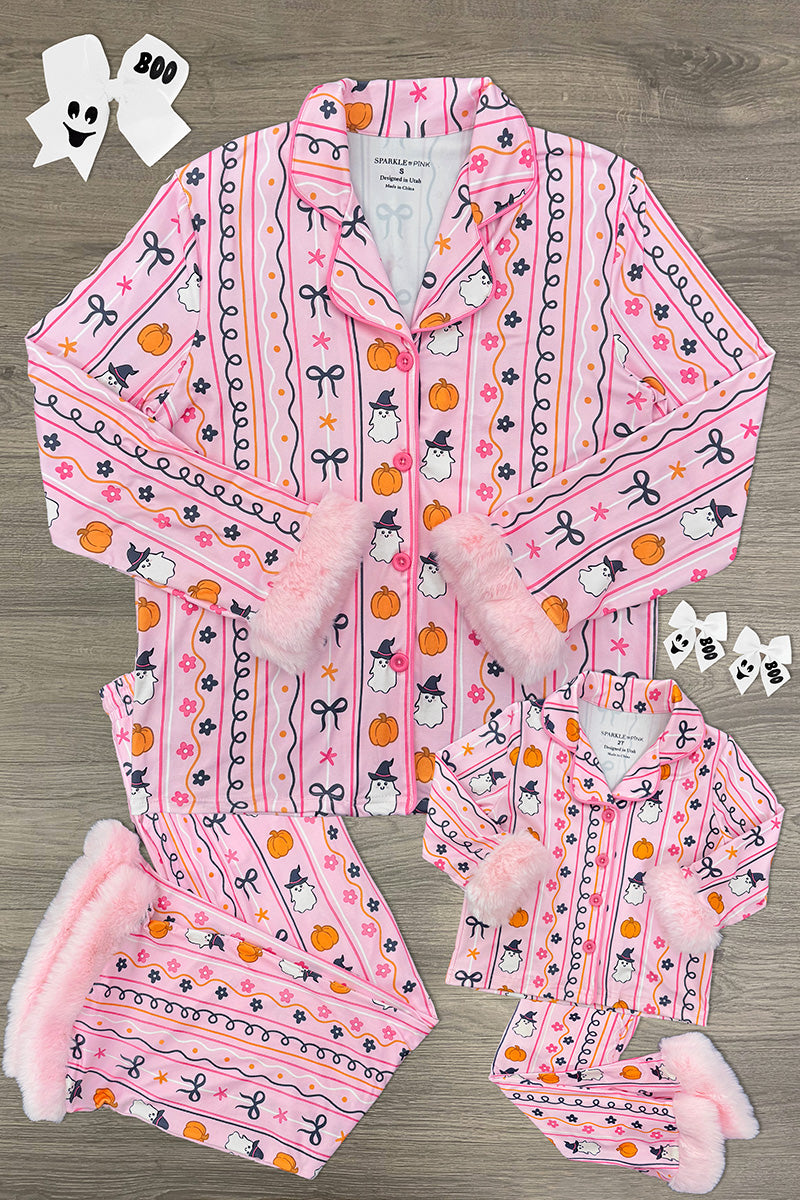 Mom & Me - Fuzzy Pumpkin & Ghost Pajamas - CHILD-6-12 Months - Pink fuzzy pajamas with pumpkin and ghost patterns, button-up top and matching pants with fluffy cuffs.