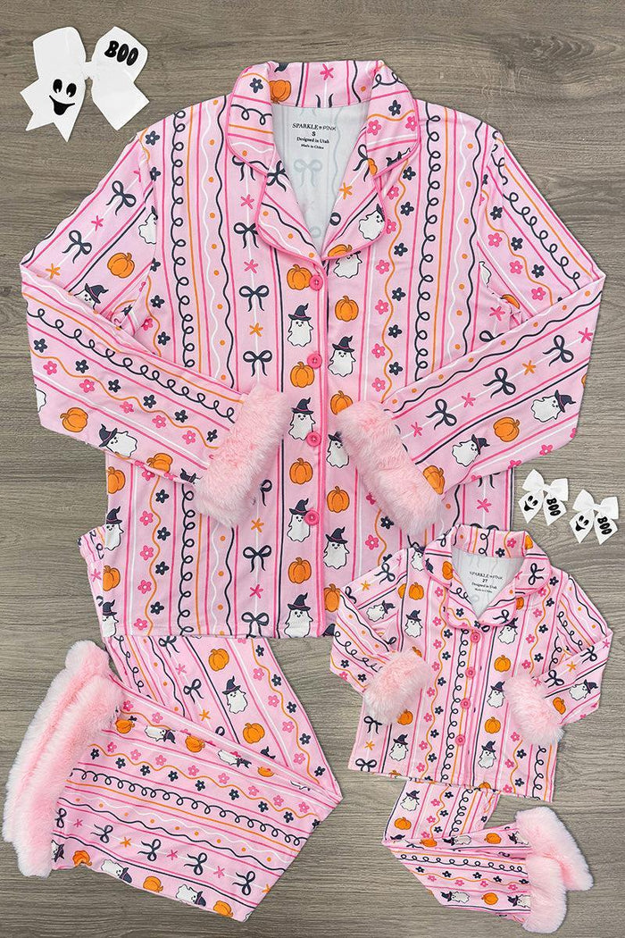 Mom & Me - Fuzzy Pumpkin & Ghost Pajamas - CHILD-6-12 Months - Pink fuzzy pajamas with pumpkin and ghost patterns, button-up top and matching pants with fluffy cuffs.