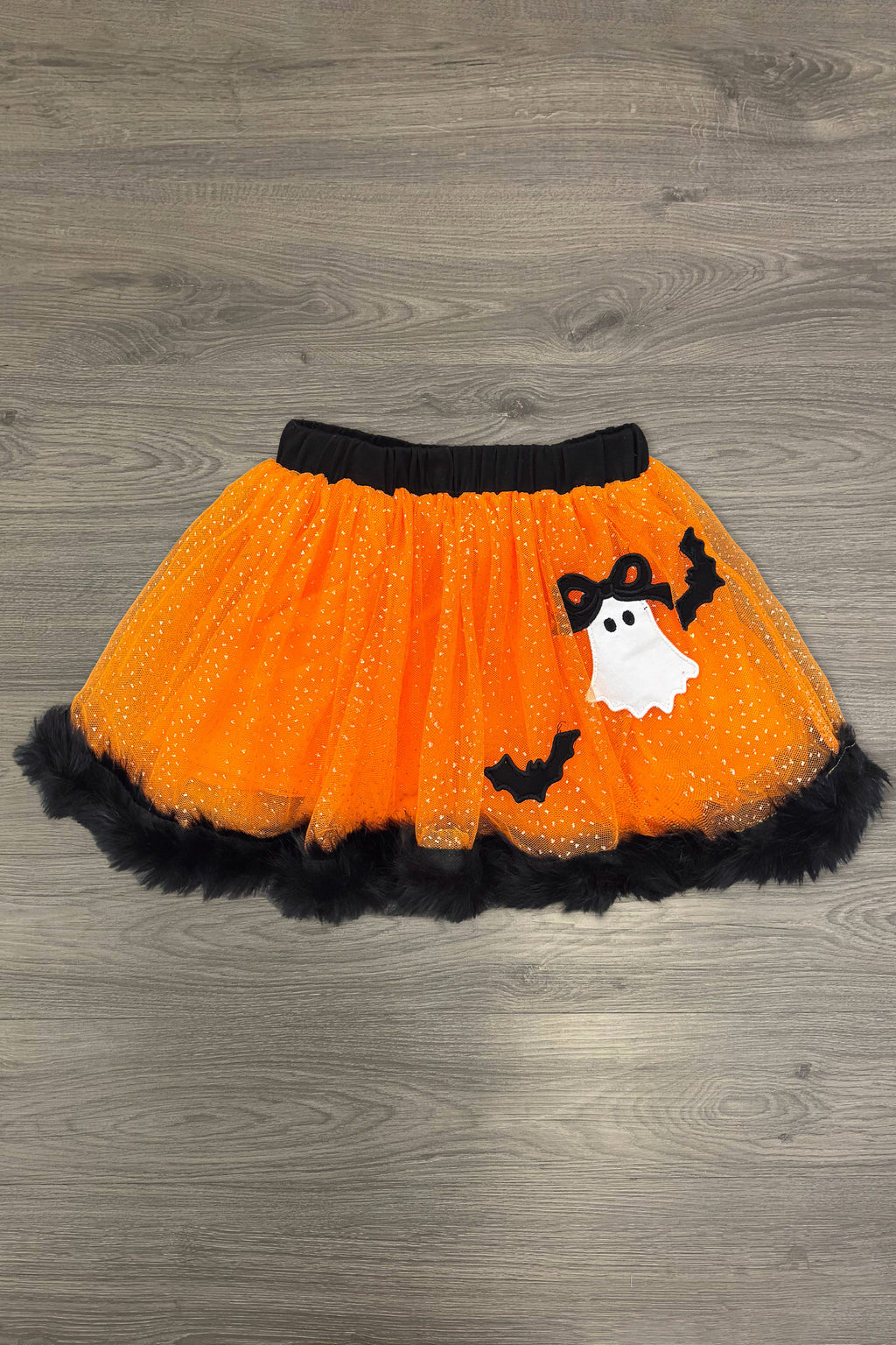 "Boo" Ghost Tutu Skirt Set - 6-12 Months - Orange tutu skirt with black waistband and trim, featuring a white ghost and black bats applique.