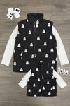 Mom & Me - Ghost Vest Set - CHILD-6-12 Months - Black puffer vests with white ghost patterns, paired with white long-sleeve shirts, adult and child sizes.