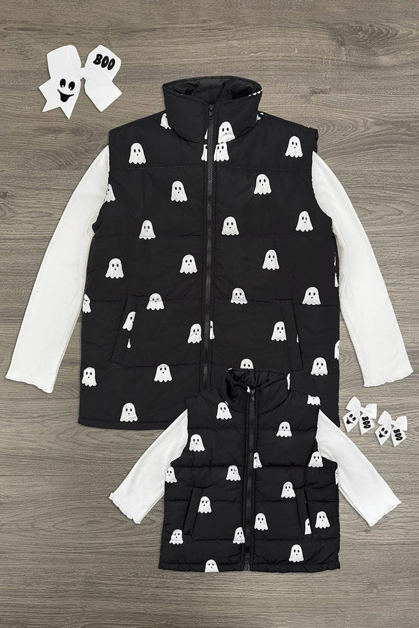 Mom & Me - Ghost Vest Set - CHILD-6-12 Months - Black puffer vests with white ghost patterns, paired with white long-sleeve shirts, adult and child sizes.