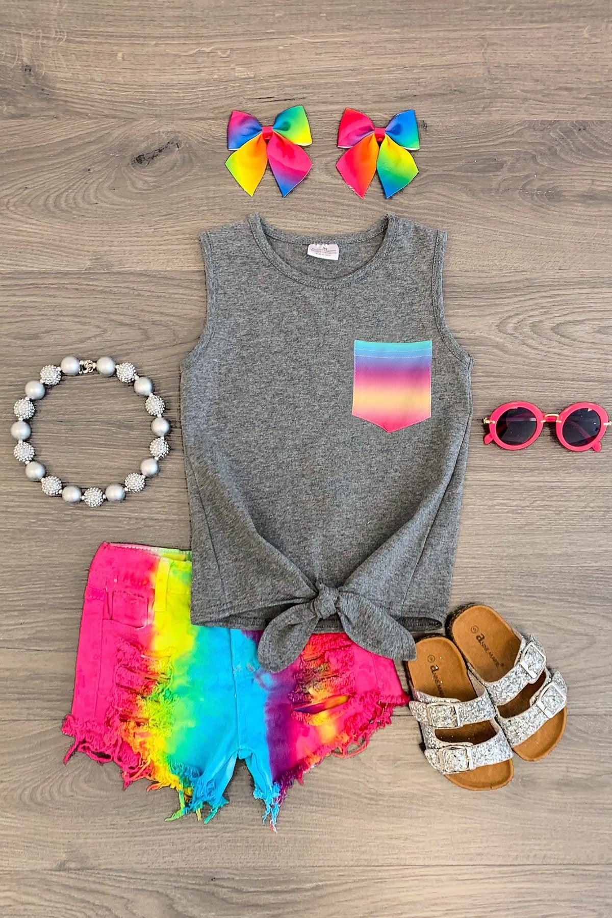 Conjunto de pantalón corto vaquero gris y arco iris - Sparkle in Pink