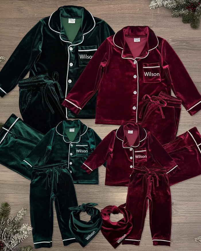 Green & Burgundy Velvet Family Pajamas - AND PET BANDANA!