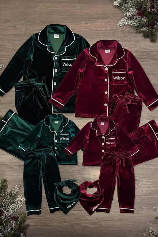 Green & Burgundy Velvet Family Pajamas - AND PET BANDANA! - PET-Green Bandana-FAMILY - Green and burgundy velvet family pajamas with white piping, button-up tops, matching pants, and pet bandanas.