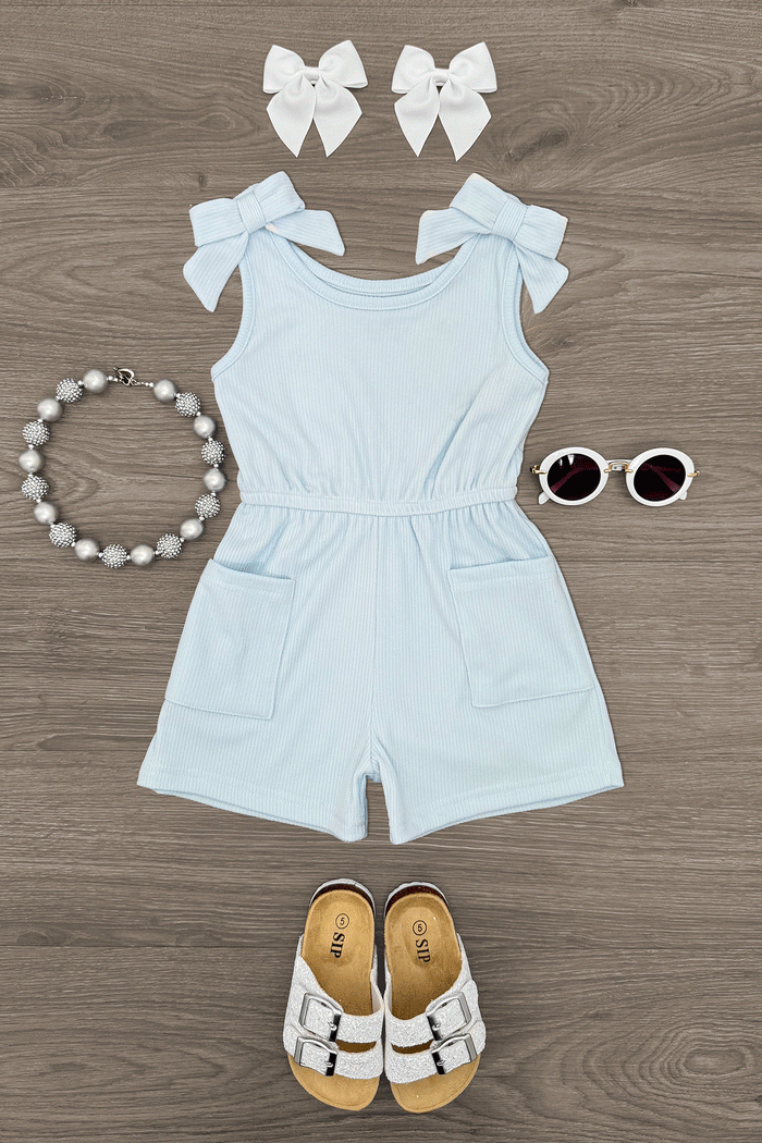 Ribbed Bow Romper - Burgundy / 6-12 Months - Light blue ribbed romper with shoulder bows, paired with white sandals, beaded necklace, white bow clips, and round.
