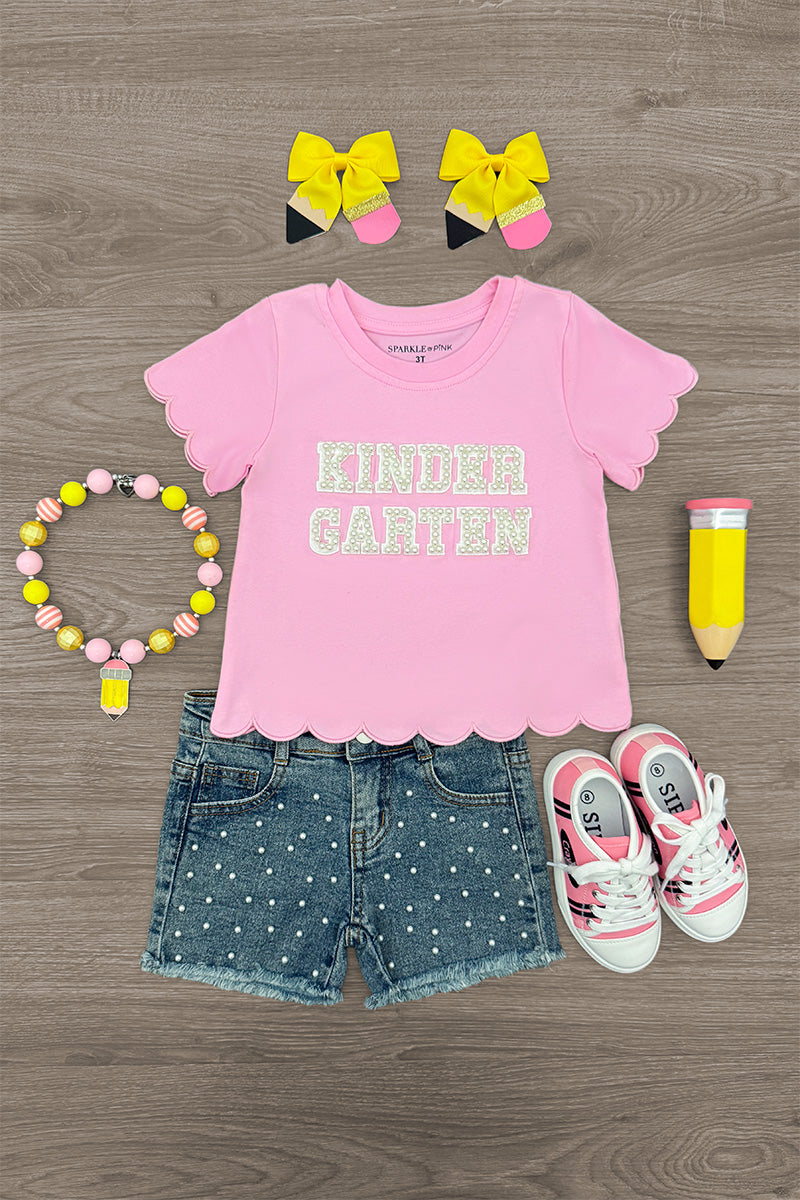 "Pre-K - Sixth Grade" Pink Pearl Denim Short Set - PRE-K / 2T - Pink short-sleeve shirt with scalloped hem and "Kindergarten Garden" text, paired with blue denim shorts featuring star.