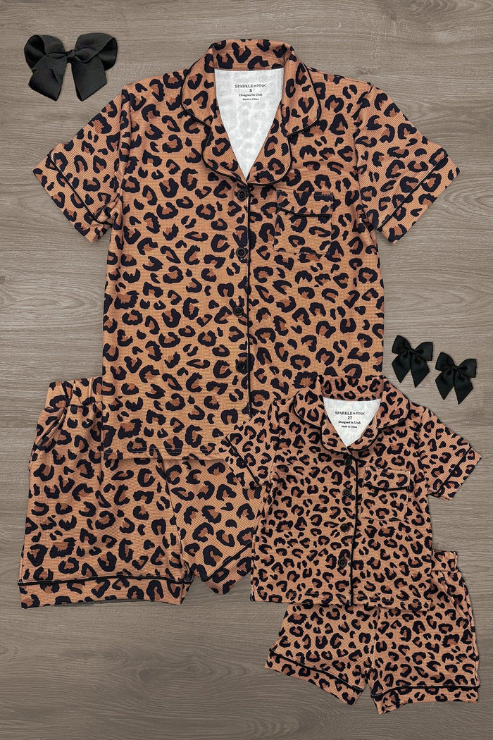 Mom & Me - Cheetah Waffle Knit Pajamas - CHILD-6-12 Months - Matching cheetah print waffle knit short-sleeve pajamas for mom and child with black hair bows.