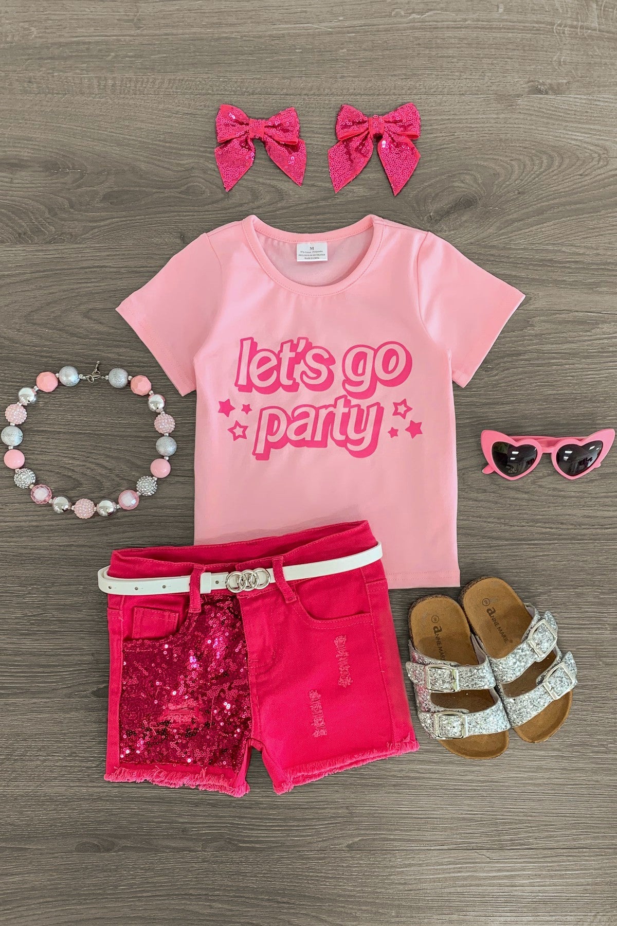 "Let's Go Party" Pink Denim Short Set - Sparkle in Pink