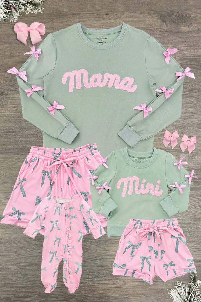 Mom & Me - "Mama & Mini" Pastel Bow Pajamas - CHILD-6-12 Months - Matching mint-green “Mama” and “Mini” pajamas with pink lettering and pastel bow-print pants and shorts.