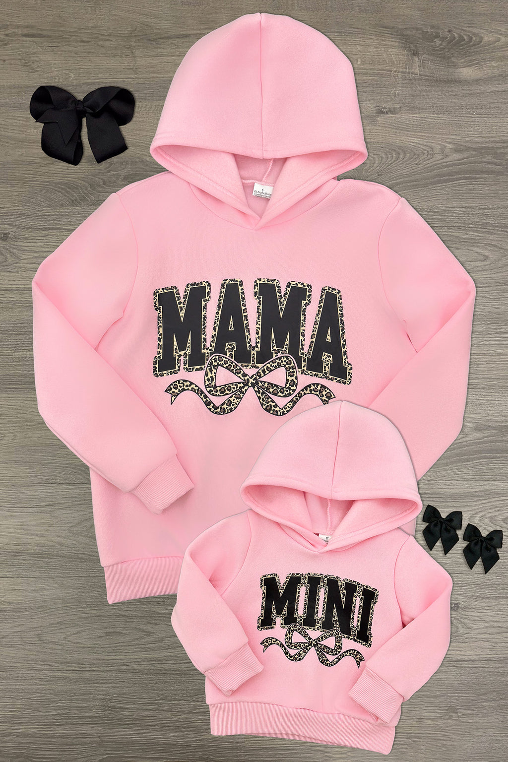 Mom & Me - "Mama & Mini" Pink Cheetah Pullover - 6-12 Months - Matching pink hooded pullovers with black and white cheetah print text reading "MAMA" and "MINI" on front, for adult and.