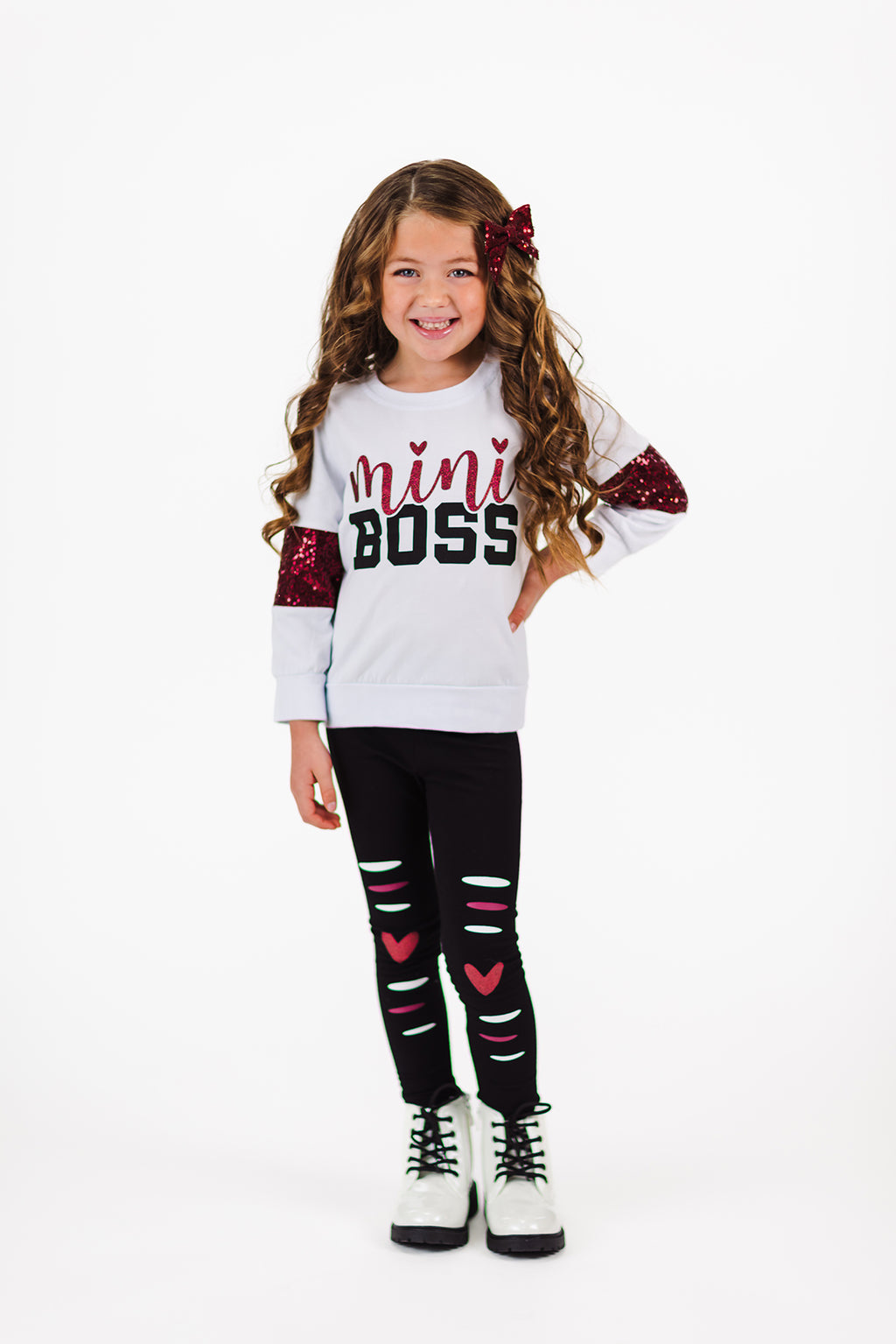 "Mini Boss" White Glitter Legging Set | Sparkle in Pink