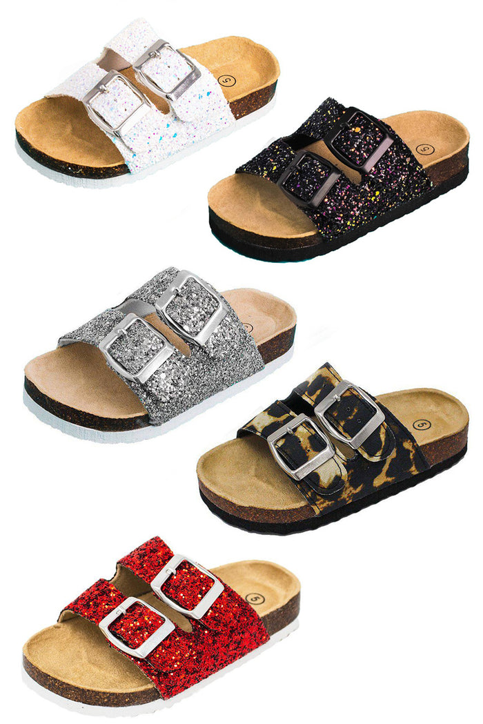 Mom & Me - Birkley Sandals - White / KIDS-5T - Four pairs of slip-on sandals with double buckle straps in white, black, silver, and red leopard print on cork footbeds.
