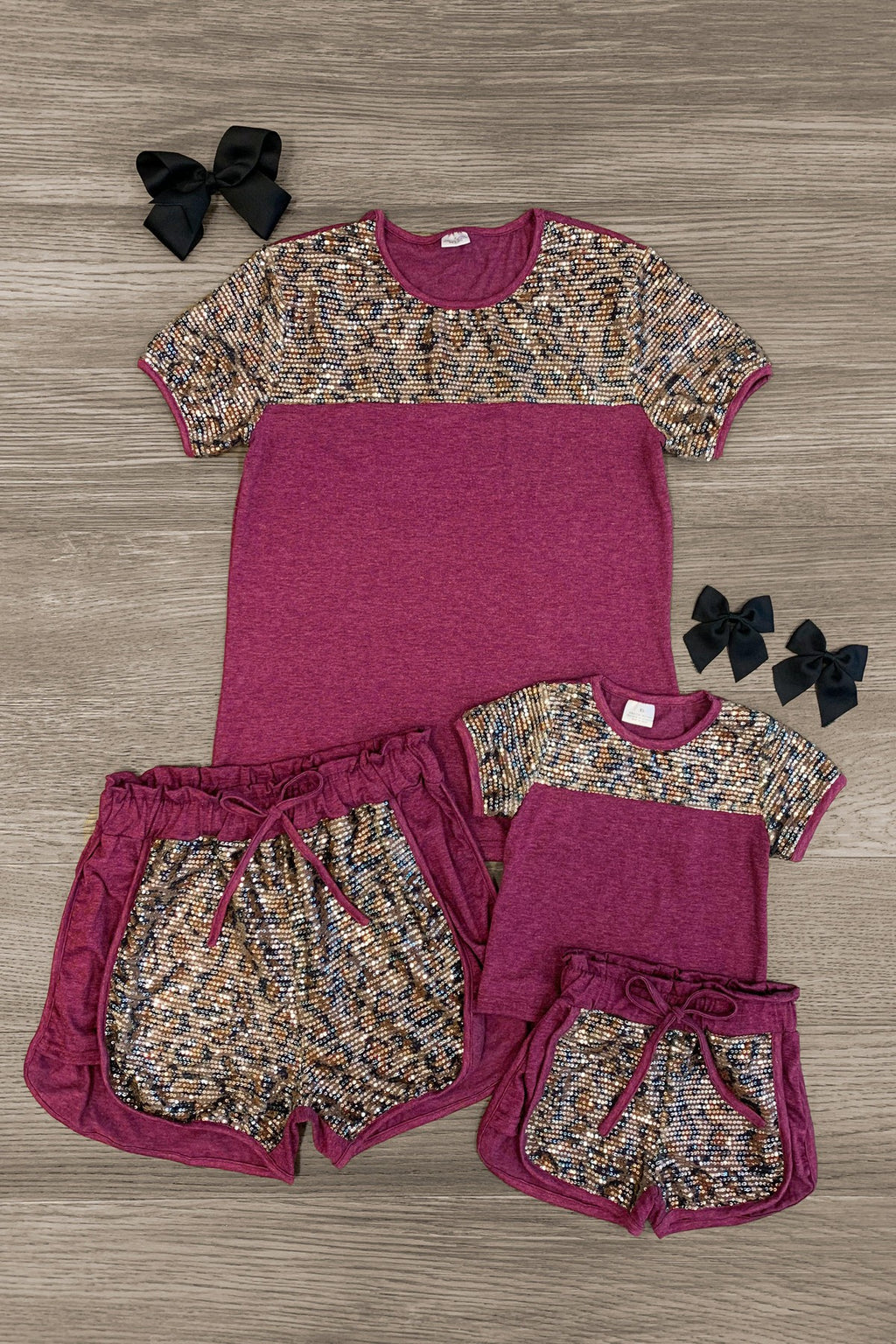 Mom & Me - Plum Leopard Sequin Lounge Short Set - Sparkle in Pink