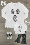 Mom & Me - Rhinestone Ghost Top & Pant Set - CHILD-6-12 Months - White long-sleeve top with scalloped hem and black rhinestone ghost face paired with matching black and white patterned.