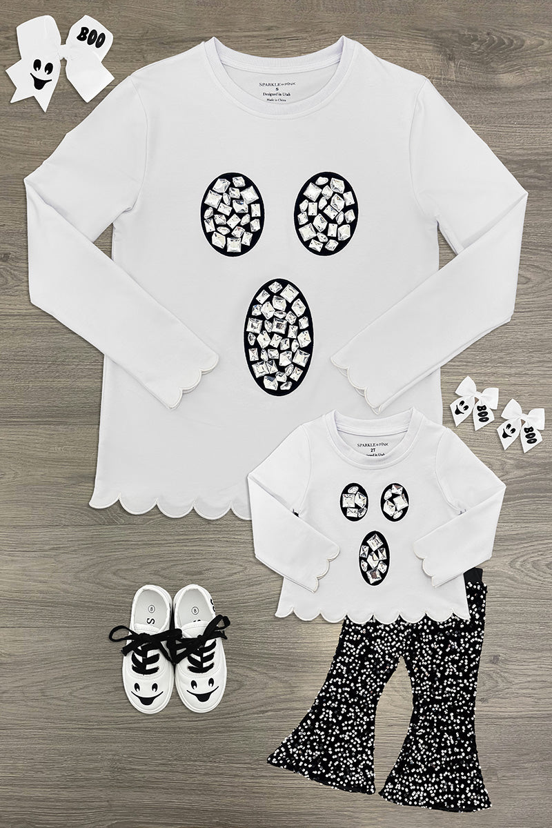 Mom & Me - Rhinestone Ghost Top & Pant Set - CHILD-6-12 Months - White long-sleeve top with scalloped hem and black rhinestone ghost face paired with matching black and white patterned.