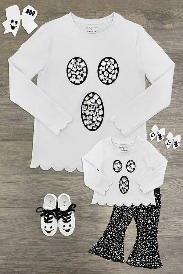 Mom & Me - Rhinestone Ghost Top & Pant Set - CHILD-6-12 Months - White long-sleeve top with scalloped hem and black rhinestone ghost face paired with matching black and white patterned.