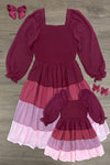Mom & Me - Purple Ruffle Ombre Dress - CHILD-6-12 Months - Matching mom and child dresses with tiered purple ombre ruffle skirts and puffed long sleeves.