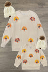 Mom & Me - Corduroy Sequin Turkey Top - CHILD-6-12 Months - Cream long-sleeve tops with colorful sequin turkey motifs, paired with cream knit pom-pom beanies.