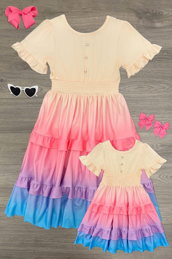 Mom & Me - Ruffle Ombre Dress - CHILD-6-12 Months - Matching mom and child dresses with ruffle sleeves and ombre tiers in cream, pink, purple, and blue.