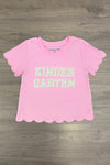 "Pre-K - Sixth Grade" Pink Pearl Denim Short Set - PRE-K / 2T - Pink short-sleeve denim t-shirt with scalloped edges and "Kindergarten" in white text on front.