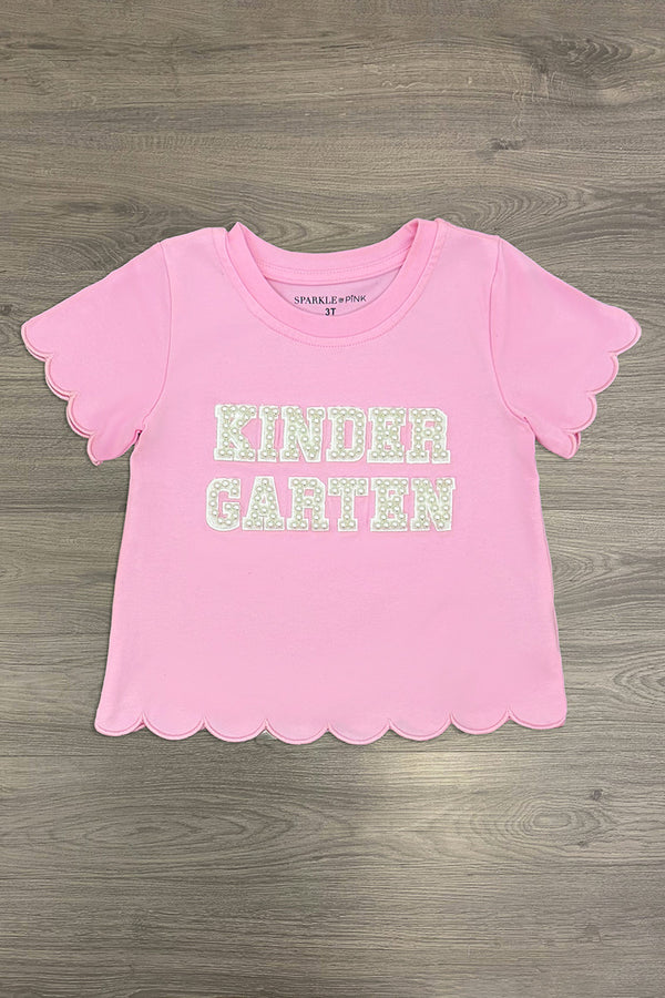 "Pre-K - Sixth Grade" Pink Pearl Denim Short Set - PRE-K / 2T - Pink short-sleeve denim t-shirt with scalloped edges and "Kindergarten" in white text on front.