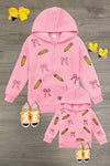 Mom & Me - Pink Pencils & Bows Pullover - 3T - Pink hooded pullovers with all-over yellow pencil and pink bow prints, available in adult and child sizes.