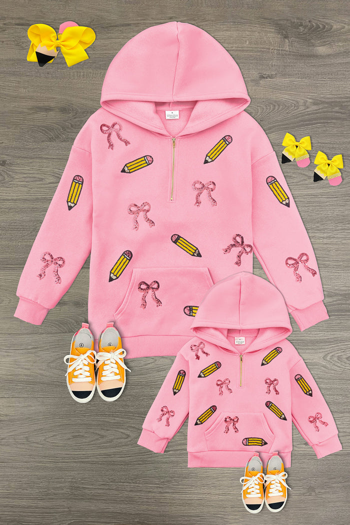 Mom & Me - Pink Pencils & Bows Pullover - 3T - Pink hooded pullovers with all-over yellow pencil and pink bow prints, available in adult and child sizes.