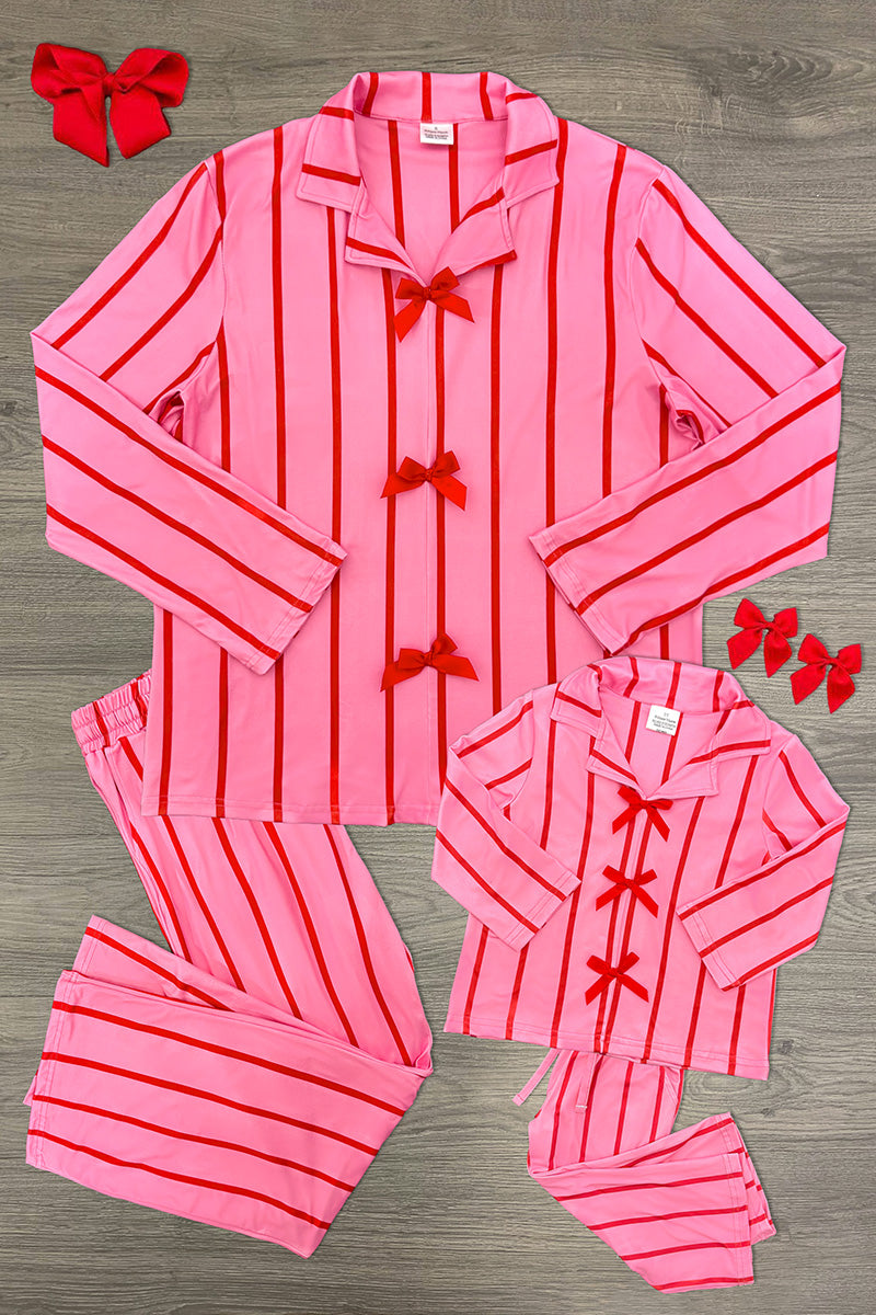 Mom & Me - Pink & Red Stripe Bow Pajamas - CHILD-6-12 Months - Pink pajama set with vertical red stripes, collared long-sleeve top, and matching pants, decorated with red bow accents on.