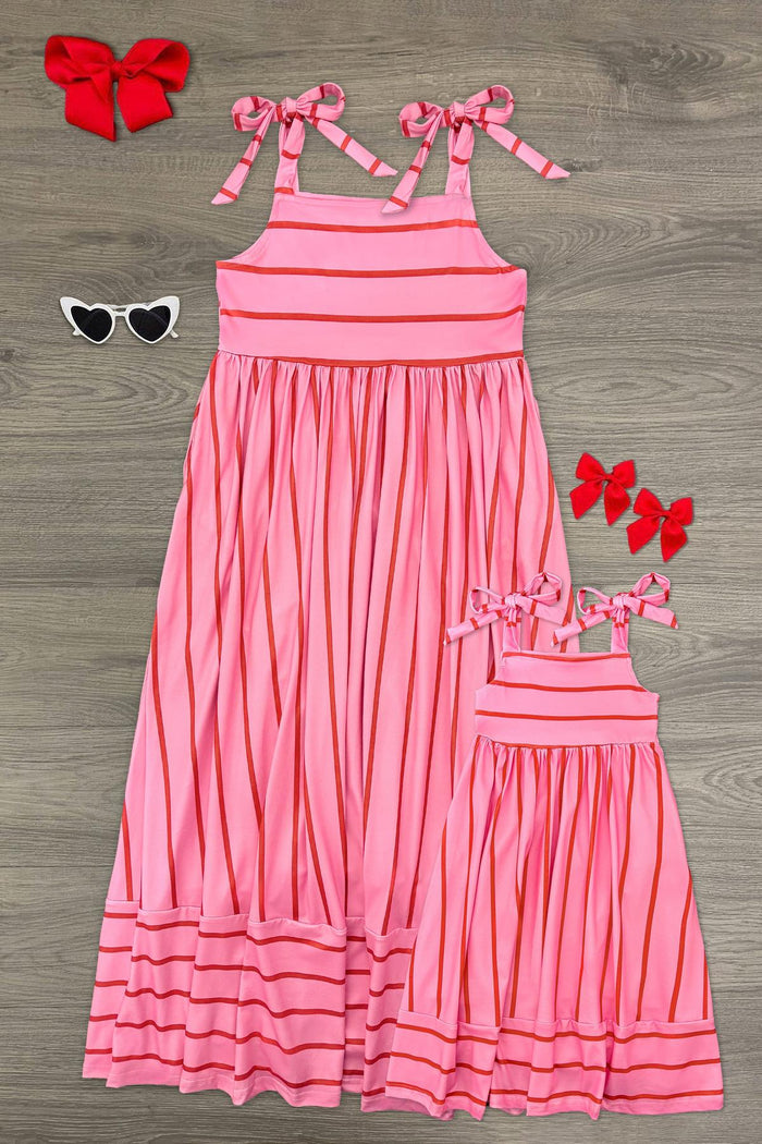 Mom & Me - Pink & Red Striped Maxi Dress - CHILD-6-12 Months - Pink and red striped maxi dress with tie shoulder straps and ruffled hem, matching child size also shown.