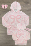 Mom & Me - Waffle Knit Bow Pullover Hoodie - CHILD-6-12 Months - Matching pink waffle-knit pullover hoodies for mom and child, with bow prints, front kangaroo pockets, and pink bow accents.
