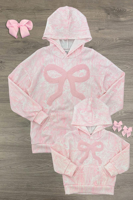 Mom & Me - Waffle Knit Bow Pullover Hoodie - CHILD-6-12 Months - Matching pink waffle-knit pullover hoodies for mom and child, with bow prints, front kangaroo pockets, and pink bow accents.