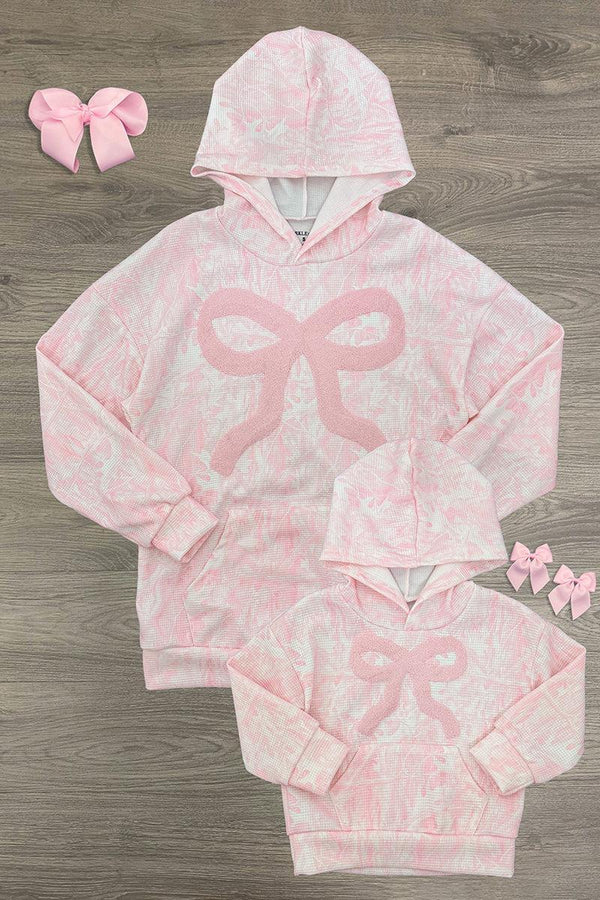 Mom & Me - Waffle Knit Bow Pullover Hoodie - CHILD-6-12 Months - Matching pink waffle-knit pullover hoodies for mom and child, with bow prints, front kangaroo pockets, and pink bow accents.