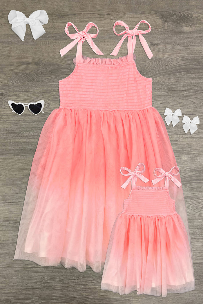 Mom & Me - Light Pink Ombre Tulle Dress - CHILD-6-12 Months - Light pink ombre tulle dress with bow straps and matching smaller dress with bows, styled with white hair bows and black.