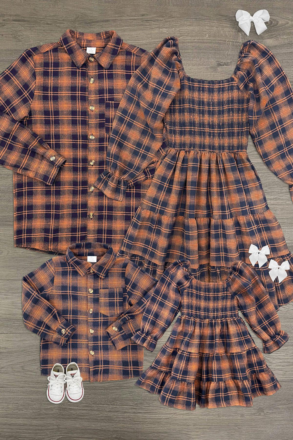 Family Navy & Rust Plaid Dress & Shirt - GIRL-0-3 Months-FAMILY - Matching navy and rust plaid dress and shirts set featuring long sleeves and button-down collar for family wear.