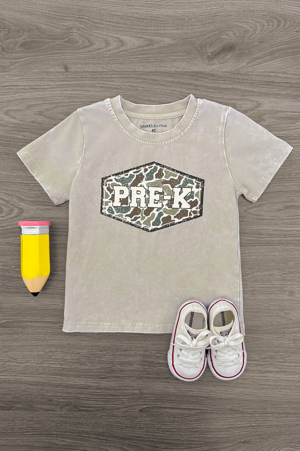 "Pre-K - Sixth Grade" Gray Camo Top | Sparkle in Pink