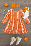 Pumpkins & Bows Stripe Dress - 6-12 Months - Orange striped long-sleeve dress with ruffle hem, paired with white socks with orange bow, orange hair bows, beaded.