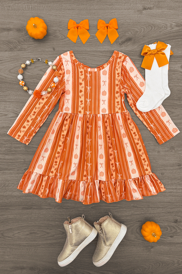 Pumpkins & Bows Stripe Dress - 6-12 Months - Orange striped long-sleeve dress with ruffle hem, paired with white socks with orange bow, orange hair bows, beaded.