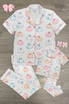 Mom & Me - Pastel Pumpkin Waffle Knit Pajamas - CHILD-6-12 Months - White waffle knit pajamas with pastel pumpkin prints in pink, orange, blue, and cream, featuring short sleeves on the.