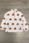 Mom & Me - Pumpkin Sherpa Pullover - MOM-XS - Cream sherpa pullover with orange pumpkin pattern and half-zip collar.