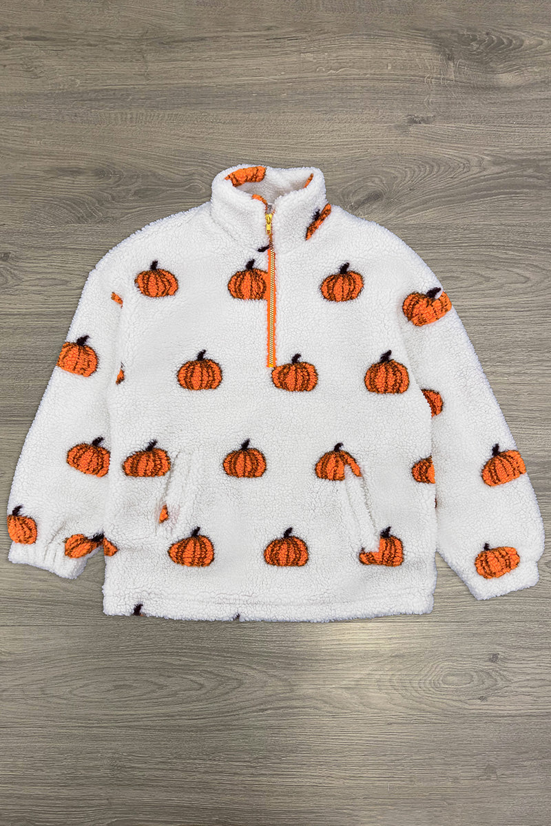Mom & Me - Pumpkin Sherpa Pullover - MOM-XS - Cream sherpa pullover with orange pumpkin pattern and half-zip collar.